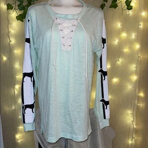 PINK Victoria's Secret Green Long Sleeve Tie Front Tee